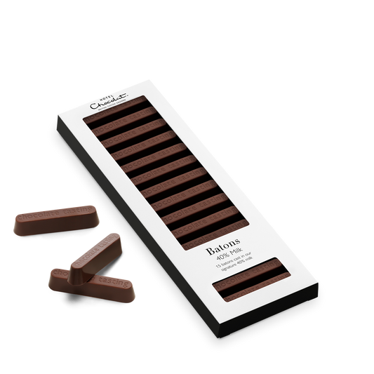 40% Milk Chocolate Batons in and out of packaging.