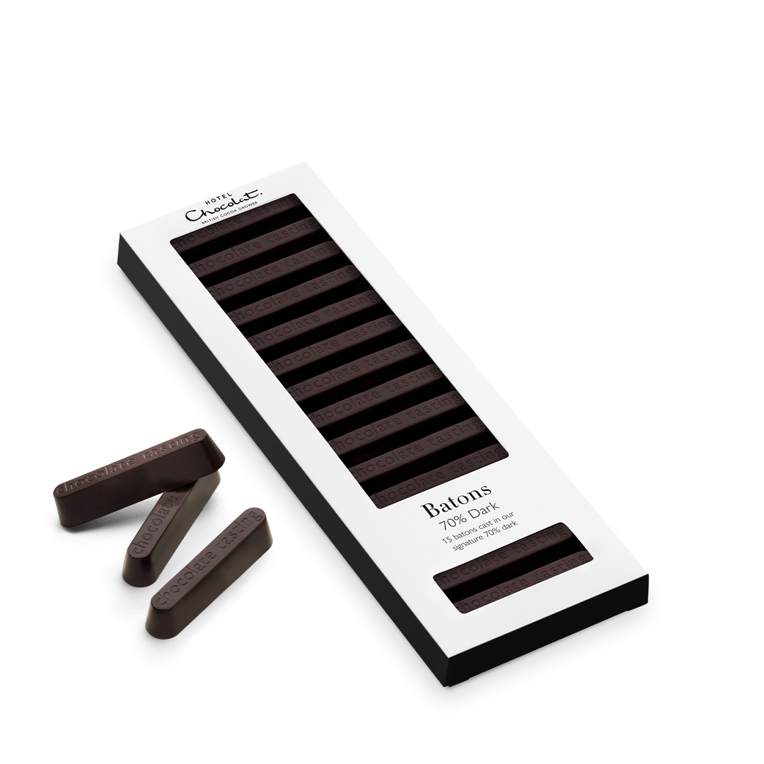 70% Dark Chocolate Batons in and out of packaging.