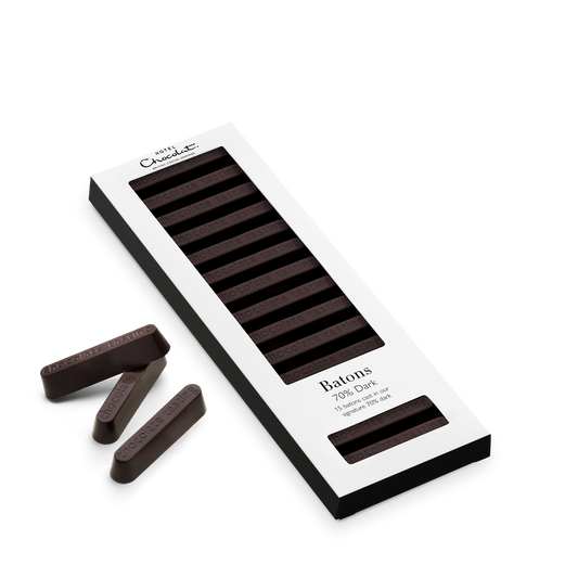 70% Dark Chocolate Batons in and out of packaging.