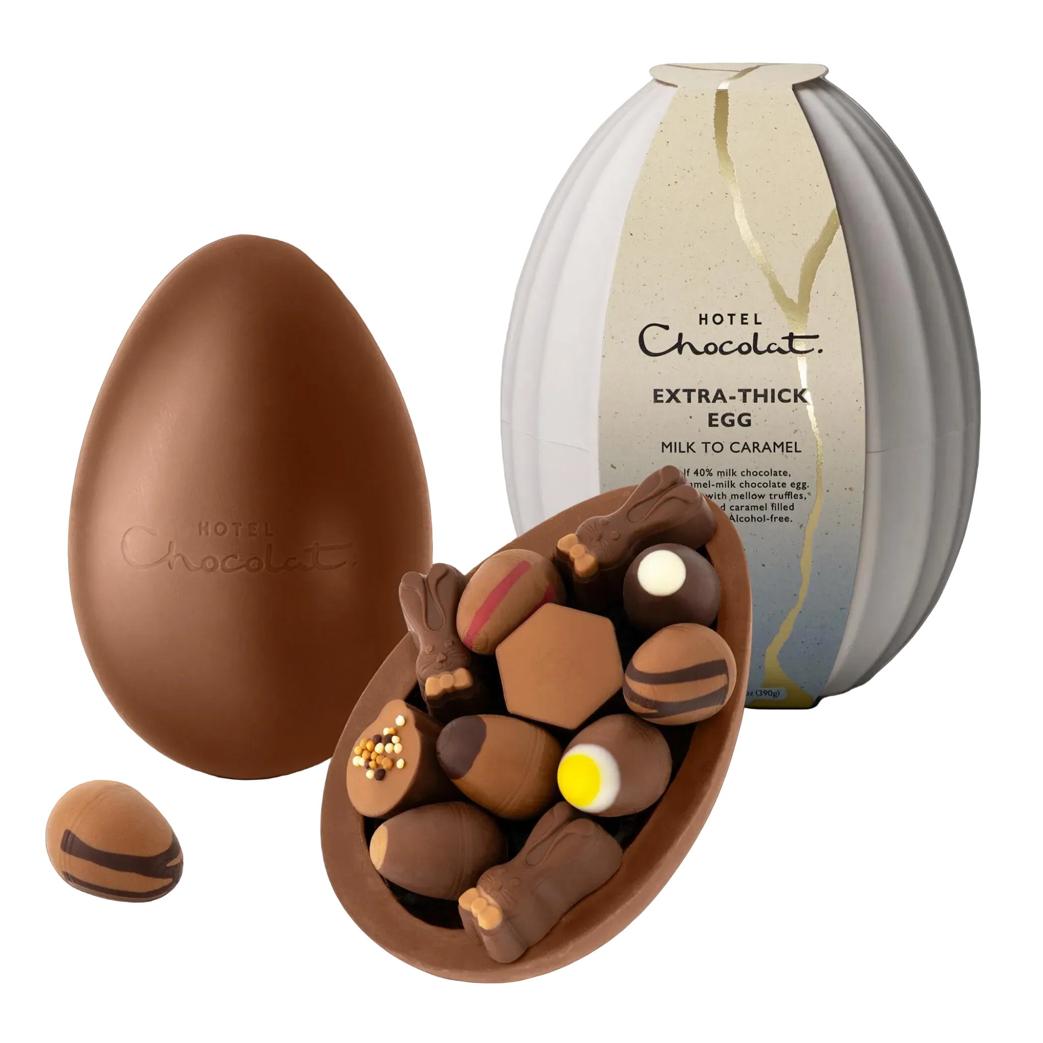 Chocolate egg with smaller chocolate pieces inside, branded 'Hotel Chocolat', on a white background.