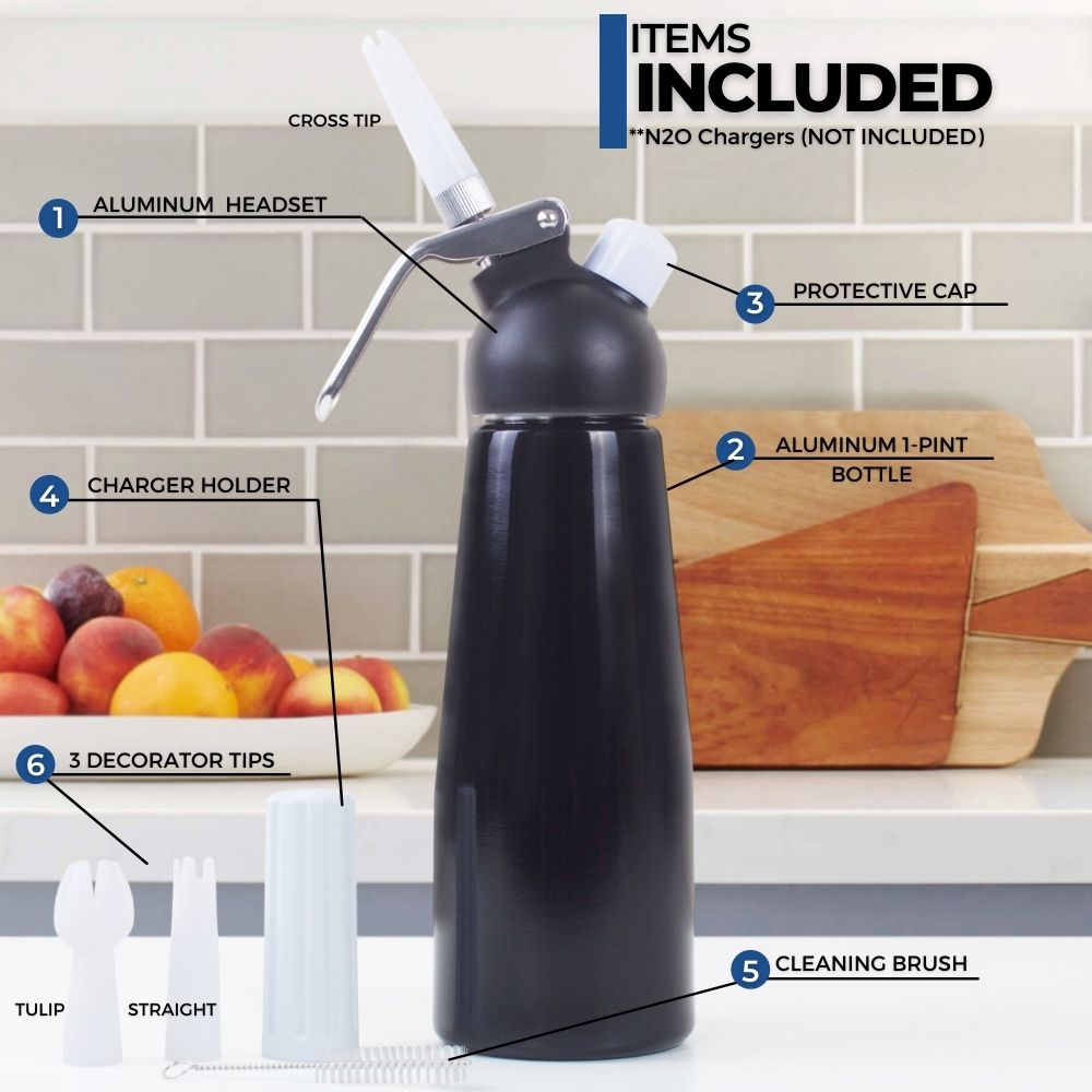 ICO Black Aluminum Whipped Cream Maker Dispenser (1 Pint/0.5L) - Hotel Chocolat - without Chargers - Impeccable-O - Whipper- Color