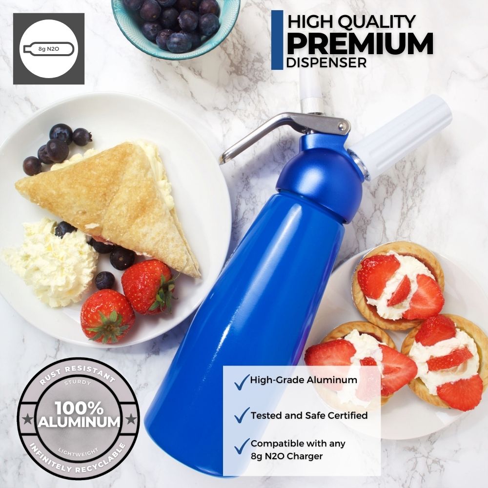 ICO Blue Aluminum Whipped Cream Maker Dispenser (1 Pint/0.5L) - Hotel Chocolat - without Chargers - Impeccable-O - Whipper- Color