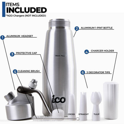 ICO Professional Aluminum Whipped Cream Maker Dispenser (1 Pint/0.5L)